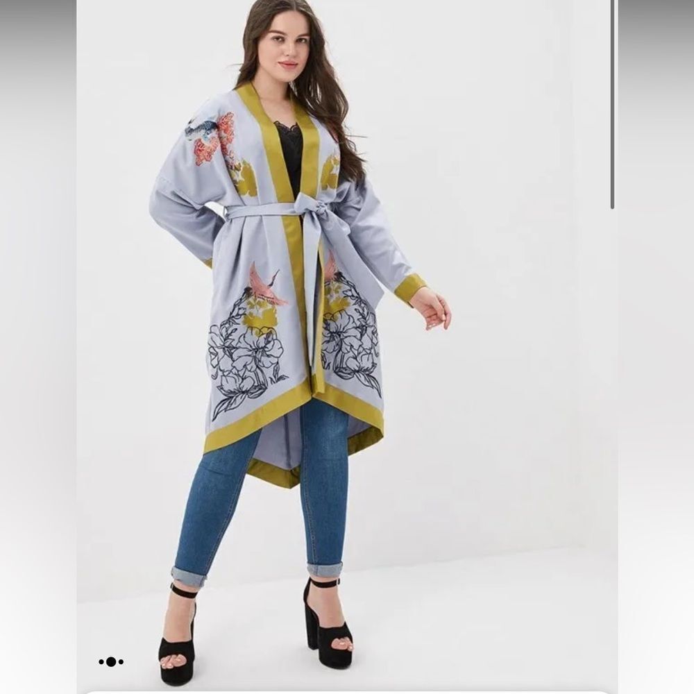 lost ink plus  LONGLINE KIMONO WITH EMBROIDERY